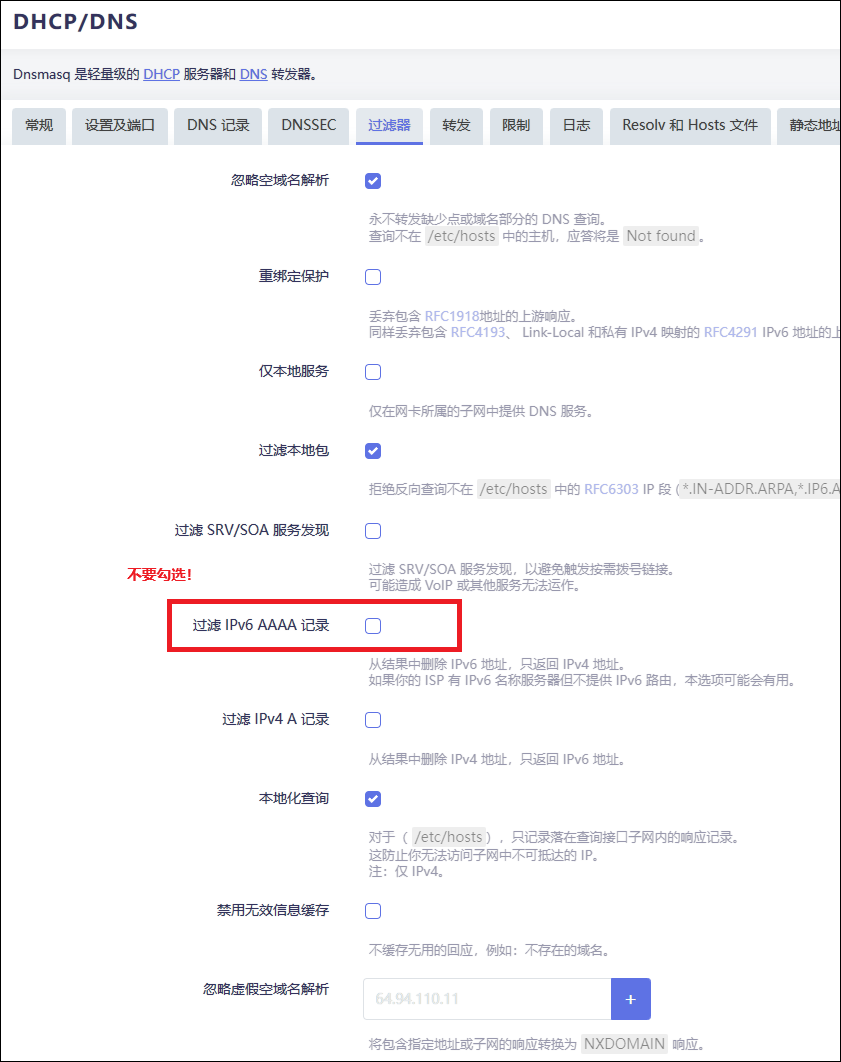 过滤 IPv6 AAAA 记录设置